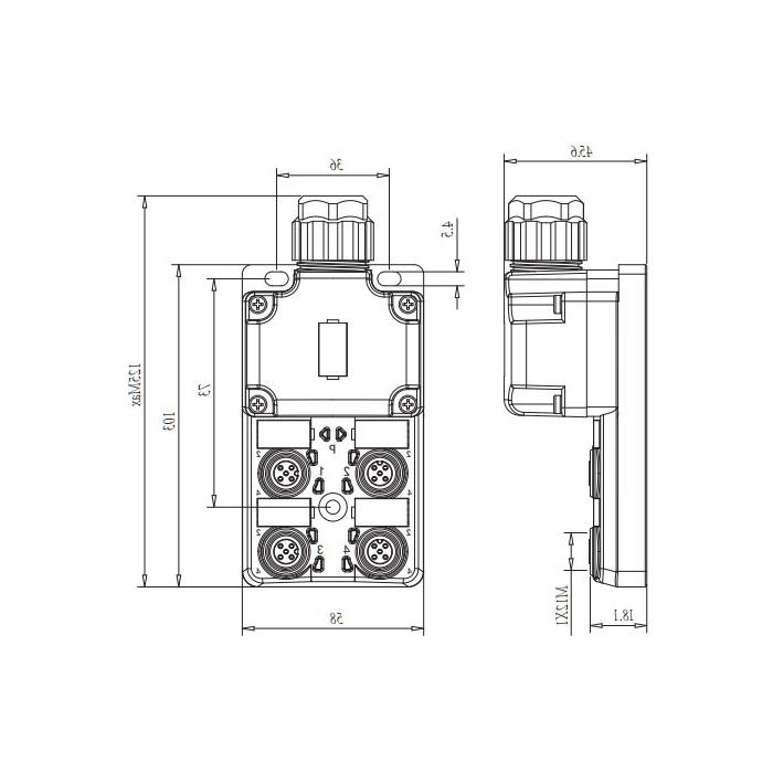 M12 junction box, single channel, Without LED, 4-port split, PCB terminal with plug, 24W4S9